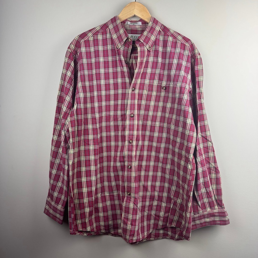 Orvis Mens Plaid‎ Button Down Shirt Medium Red Cotton Long Sleeve Sporting
